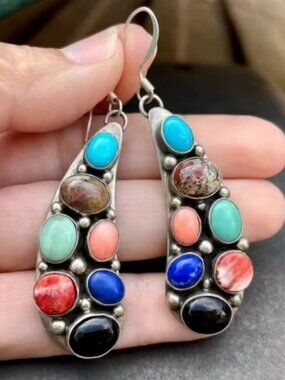 Vintage Natural Stones Earrings – Turquoise Coral Onyx Gem Dangles